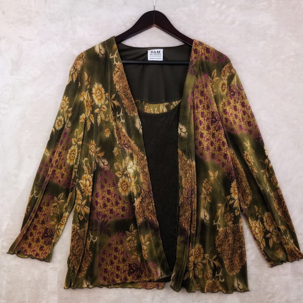 Vtg R&M Richards Plisse Pleated Cardigan Set Women's Petite Botanical Whimsigoth